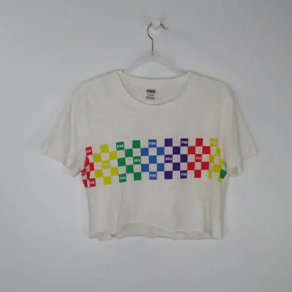 PINK Rainbow Checkered Crop Top Crewneck Colorful Extra Small Baby Tee - Picture 2 of 7